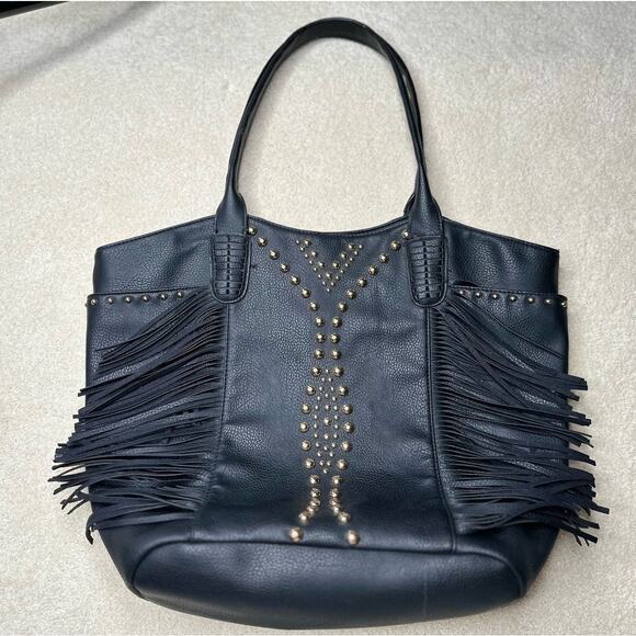 Big Buddha: Gold Riveted Black Fringed Oversized Tote - Picture 1 of 14